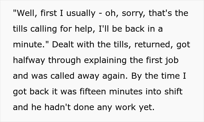 Text excerpt showing a woman explaining her work tasks after being called away, illustrating manager calls her useless at work. Text excerpt showing a woman explaining her work tasks after being called away, illustrating manager calls her useless at work.