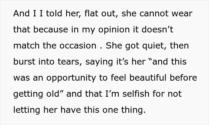 Text about bride’s mom emotional over wearing a white gown, threatening to skip the wedding if refused. Text about bride’s mom emotional over wearing a white gown, threatening to skip the wedding if refused.