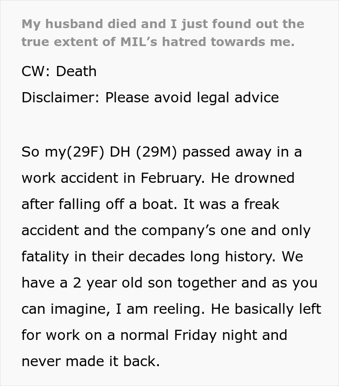 Woman shocked to find out how much mother-in-law hates her after losing her husband in a tragic work accident. Woman shocked to find out how much mother-in-law hates her after losing her husband in a tragic work accident.