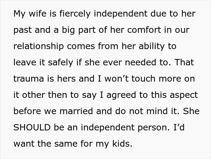 Text excerpt on a white background about wife’s independence and her comfort in the relationship due to her past and ability to leave safely.