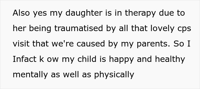 Text message discussing daughter's therapy and her mental and physical health after trauma caused by parents and CPS visits. Text message discussing daughter's therapy and her mental and physical health after trauma caused by parents and CPS visits.