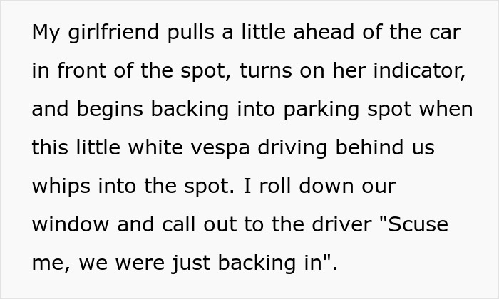 Woman steals couple's parking spot as they back in, sparking conflict and clever revenge instead of a peaceful resolution. Woman steals couple's parking spot as they back in, sparking conflict and clever revenge instead of a peaceful resolution.