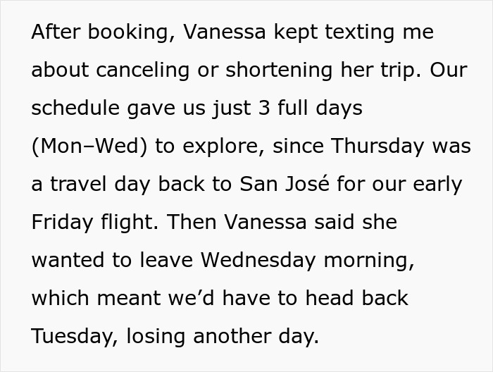 Text excerpt showing a woman texting about changing travel plans, highlighting travel needs and friends' flexibility. Text excerpt showing a woman texting about changing travel plans, highlighting travel needs and friends' flexibility.