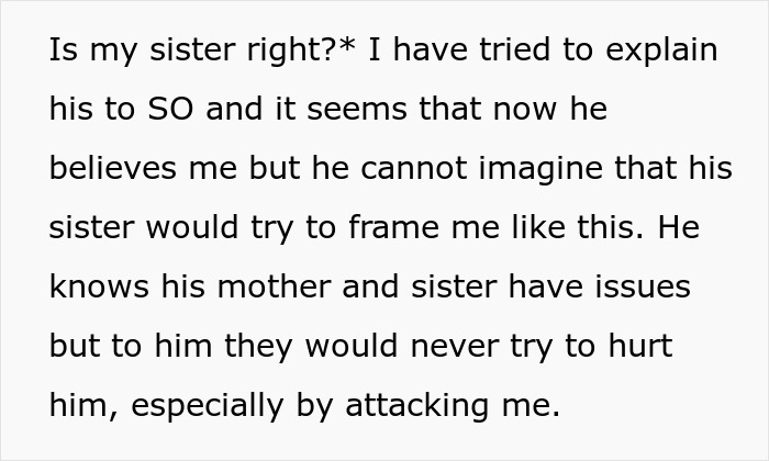 Text conversation excerpt about a lady trying to frame sister-in-law and cause conflict between brother and his wife.