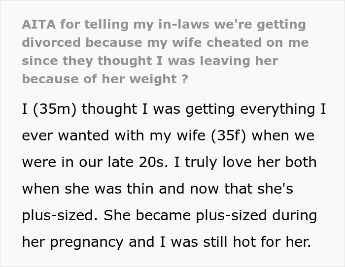 Text excerpt about in-laws assuming divorce related to wife's weight, revealing the truth behind the misunderstanding. Text excerpt about in-laws assuming divorce related to wife's weight, revealing the truth behind the misunderstanding.