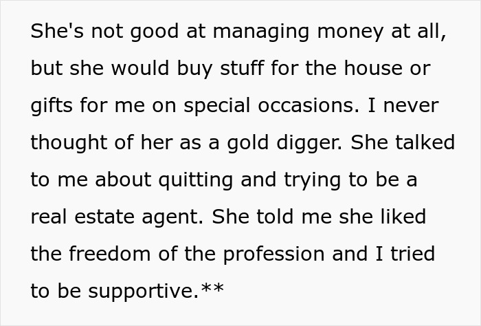 Text excerpt discussing a fiance in a destitute relationship struggling with money management but seeking career freedom in real estate. Text excerpt discussing a fiance in a destitute relationship struggling with money management but seeking career freedom in real estate.