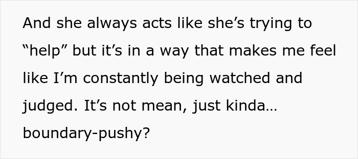 Text about a mom feeling watched and judged, describing her MIL's boundary-pushy behavior and disabling baby cam access. Text about a mom feeling watched and judged, describing her MIL's boundary-pushy behavior and disabling baby cam access.