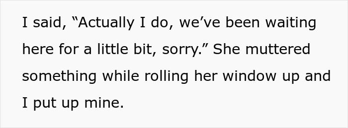 Text conversation showing a person explaining they've been waiting while a lady in brand new Lexus rolls up her window.