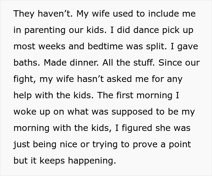 Man telling wife she couldn’t do it without him, watching her prove him wrong by handling parenting tasks.