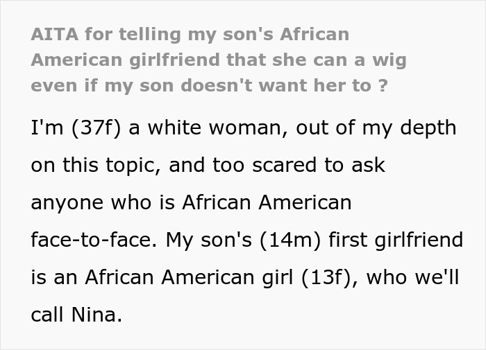 Text excerpt discussing a 14-year-old’s African American girlfriend and a mother’s concerns about cultural sensitivity. Text excerpt discussing a 14-year-old’s African American girlfriend and a mother’s concerns about cultural sensitivity.