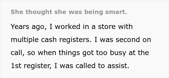 Text excerpt from a store cashier explaining their experience helping at busy registers, involving a woman cutting in line.