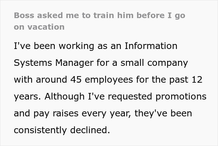 Text excerpt about an Information Systems Manager expected to teach 12 years of knowledge before PTO, responding with two weeks notice. Text excerpt about an Information Systems Manager expected to teach 12 years of knowledge before PTO, responding with two weeks notice.