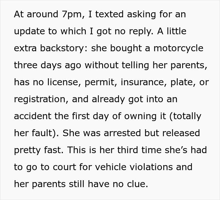 Text excerpt about a teen’s motorcycle accident and legal issues, highlighting confusion and concerns from her best friend. Text excerpt about a teen’s motorcycle accident and legal issues, highlighting confusion and concerns from her best friend.