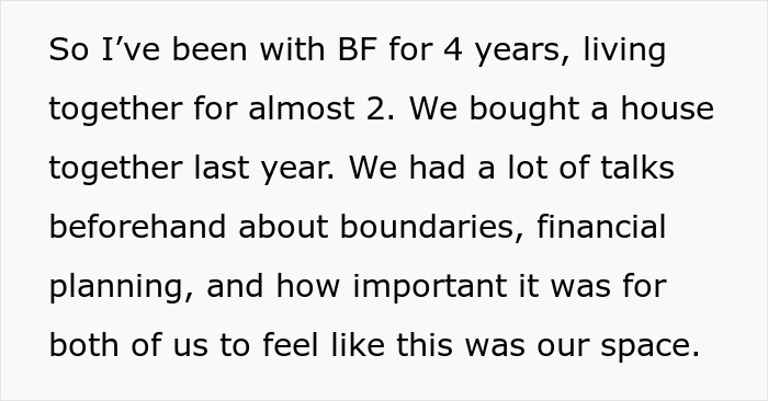 Text excerpt discussing a man secretly inviting his parents to stay and his girlfriend’s reaction about boundaries and shared space. Text excerpt discussing a man secretly inviting his parents to stay and his girlfriend’s reaction about boundaries and shared space.