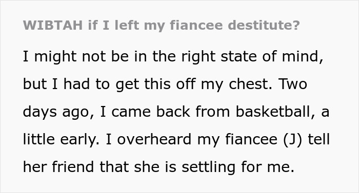 Text excerpt about overhearing fiancee discussing settling in a destitute relationship, expressing emotional conflict. Text excerpt about overhearing fiancee discussing settling in a destitute relationship, expressing emotional conflict.