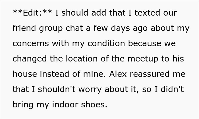 Text showing a friend explaining concerns about a medical condition affecting shoe removal in a friend’s house meetup. Text showing a friend explaining concerns about a medical condition affecting shoe removal in a friend’s house meetup.