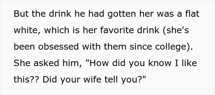 Text excerpt about a woman surprised her husband remembers a friend’s favorite drink, highlighting jealousy and memory. Text excerpt about a woman surprised her husband remembers a friend’s favorite drink, highlighting jealousy and memory.