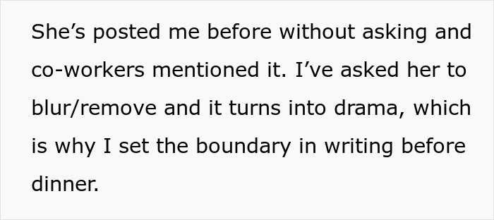 Text excerpt about influencer filming SIL at birthday dinner and setting boundaries after drama over posting photos. Text excerpt about influencer filming SIL at birthday dinner and setting boundaries after drama over posting photos.