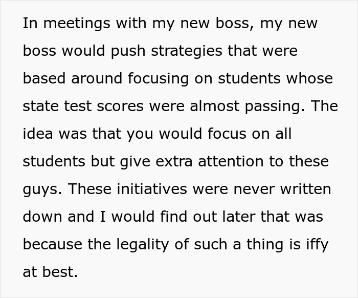 Text excerpt discussing a boss’s strategies focused on students with nearly passing state test scores in meetings. Text excerpt discussing a boss’s strategies focused on students with nearly passing state test scores in meetings.