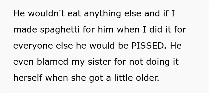 Text excerpt about sibling and mom relationship, describing food preferences and family dynamics involving sister and mom. Text excerpt about sibling and mom relationship, describing food preferences and family dynamics involving sister and mom.