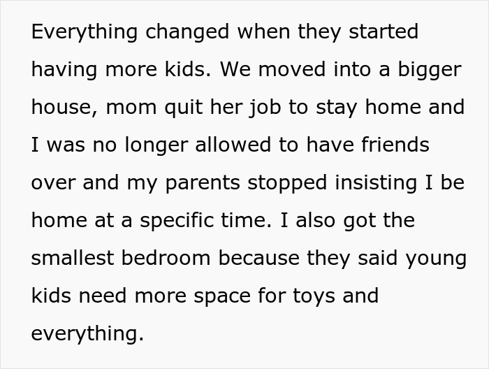 Text excerpt about parents obsessed with having kids forcing older son to babysit siblings and restrictions on his social life. Text excerpt about parents obsessed with having kids forcing older son to babysit siblings and restrictions on his social life.