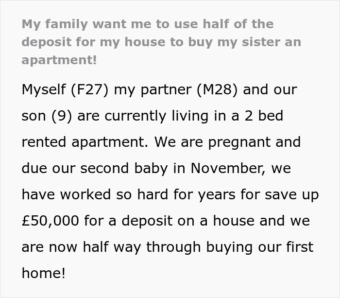 Text from a woman explaining her family demands $33k, saying her sister needs it more despite her saving for a house deposit. Text from a woman explaining her family demands $33k, saying her sister needs it more despite her saving for a house deposit.