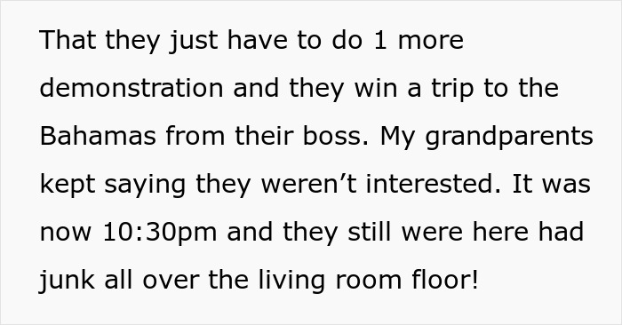 Text about grandkid losing patience with villainous vacuum cleaner salespeople ignoring repeated refusals late at night.