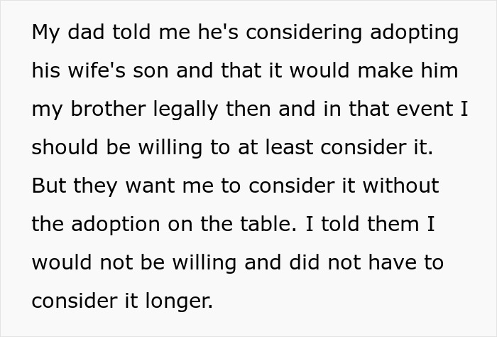 Text post about a lady refusing to be future caregiver for her autistic stepbrother without adoption being finalized. Text post about a lady refusing to be future caregiver for her autistic stepbrother without adoption being finalized.