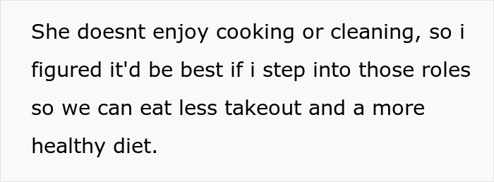 Text post explaining a man deciding to take on cooking and cleaning roles to support his wife as a stay-at-home mom. Text post explaining a man deciding to take on cooking and cleaning roles to support his wife as a stay-at-home mom.