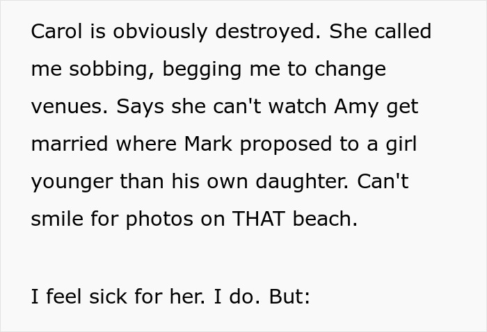 Text excerpt describing a woman refusing to cancel her daughter’s dream wedding venue despite family conflict over sister’s cheating ex. Text excerpt describing a woman refusing to cancel her daughter’s dream wedding venue despite family conflict over sister’s cheating ex.