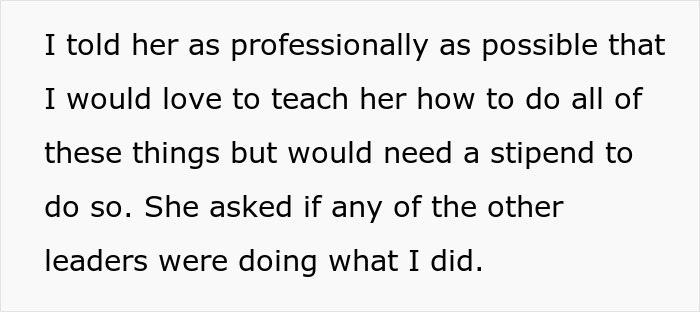Text excerpt about a woman offering to teach a colleague professionally while requesting a stipend during a job dispute. Text excerpt about a woman offering to teach a colleague professionally while requesting a stipend during a job dispute.