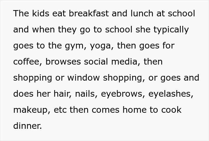 Text describing a stay-at-home mom’s daily routine with teens, highlighting lack of chores and job complaints. Text describing a stay-at-home mom’s daily routine with teens, highlighting lack of chores and job complaints.