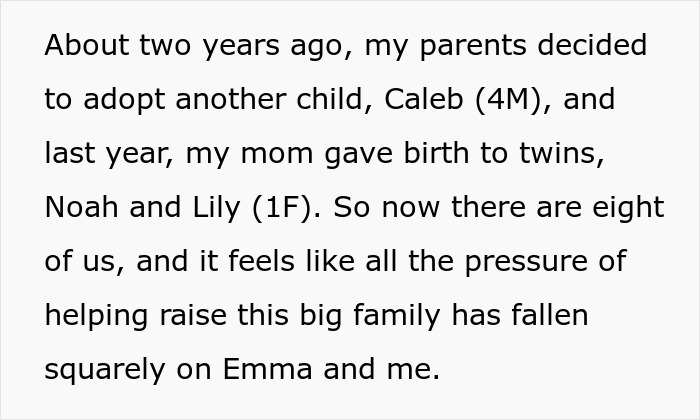 Teen twins missing out on their youth due to parents always expecting them to babysit six younger kids. Teen twins missing out on their youth due to parents always expecting them to babysit six younger kids.