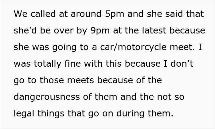 Text excerpt describing a teen discussing plans to attend a car and motorcycle meet, highlighting concerns about its dangers. Text excerpt describing a teen discussing plans to attend a car and motorcycle meet, highlighting concerns about its dangers.
