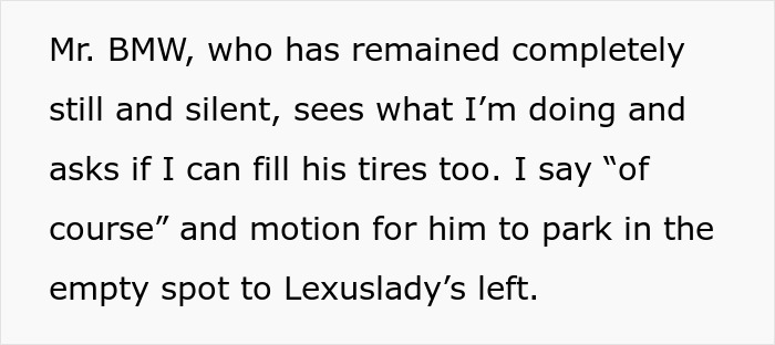 Text excerpt describing a lady in a brand new Lexus skipping the air pump line and ending up trapped between curbs and petty justice.