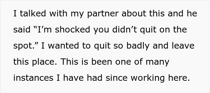 Text message conversation about employee’s struggle, mentioning quitting and experiences since starting work at company.