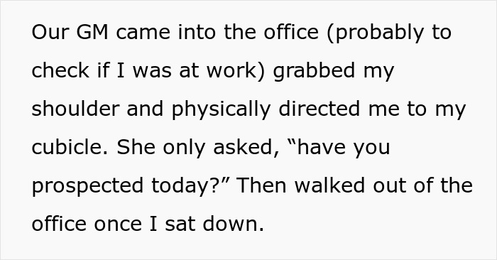Text describing a general manager checking on an employee who missed work due to a flat tire and ensuring productivity.