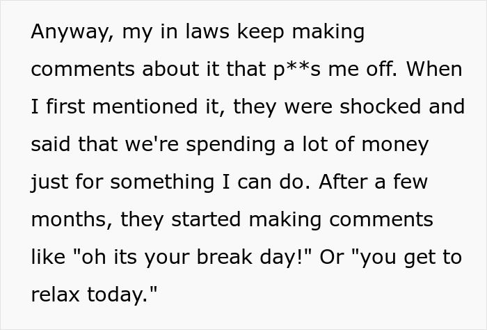Working mom frustrated with in-laws who think once-a-week daycare means she has an easy break from childcare. Working mom frustrated with in-laws who think once-a-week daycare means she has an easy break from childcare.