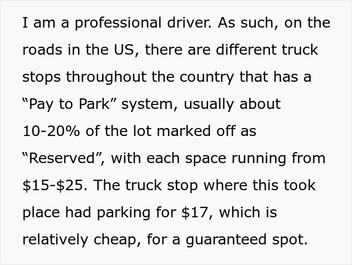 Text excerpt from a professional driver about illegal parking and consequences at US truck stops with paid reserved spots. Text excerpt from a professional driver about illegal parking and consequences at US truck stops with paid reserved spots.