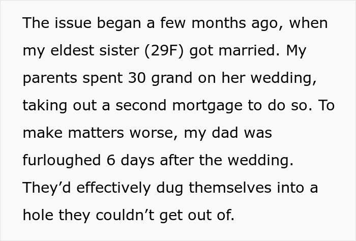Text excerpt describing a family financial dispute after parents spent savings on a wedding and faced hardship. Text excerpt describing a family financial dispute after parents spent savings on a wedding and faced hardship.