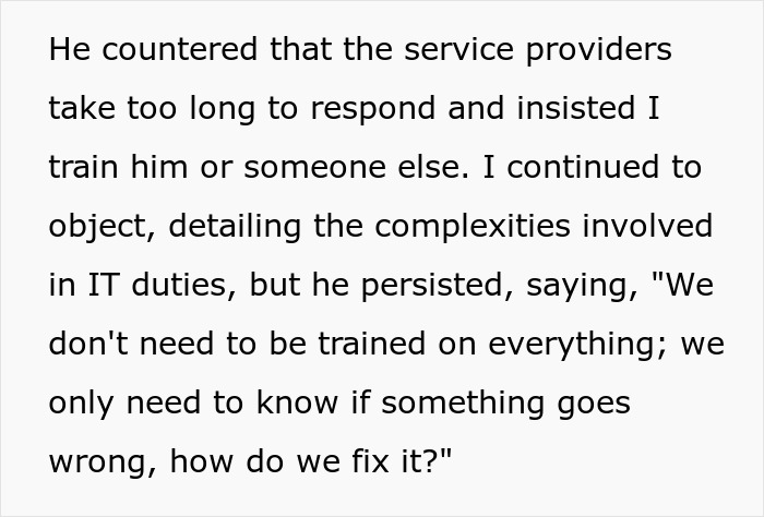 Text excerpt showing a person discussing training on IT duties and service providers’ slow response time before giving two weeks notice. Text excerpt showing a person discussing training on IT duties and service providers’ slow response time before giving two weeks notice.