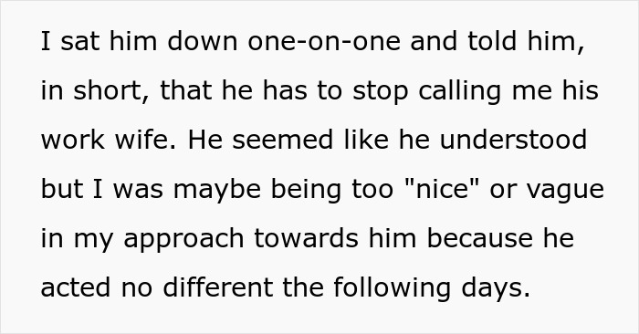 Woman Escalates Situation To Boss After New Guy Flirts And Keeps Calling Her His Work Wife Woman Escalates Situation To Boss After New Guy Flirts And Keeps Calling Her His Work Wife