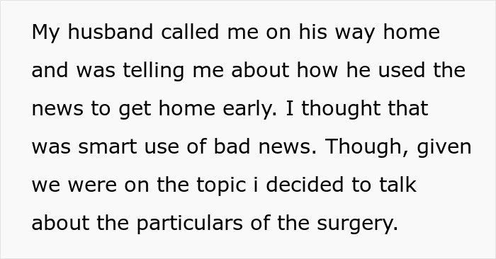 Text excerpt showing a wife sharing surgery details while her hubby mocks her mispronunciation, causing her distress. Text excerpt showing a wife sharing surgery details while her hubby mocks her mispronunciation, causing her distress.