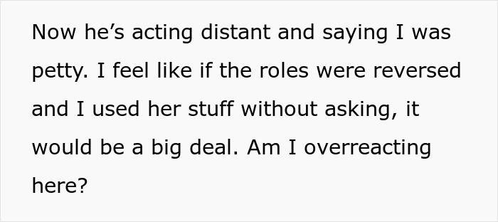 Text message expressing concern about acting distant after refusing a female friend to use shampoo without asking.