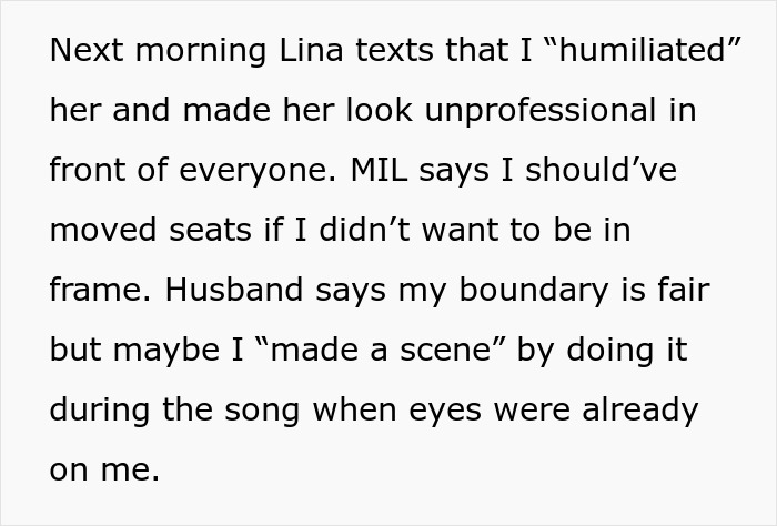 Text message describing conflict where a self-proclaimed influencer sets boundaries after SIL blocks her camera at birthday dinner. Text message describing conflict where a self-proclaimed influencer sets boundaries after SIL blocks her camera at birthday dinner.