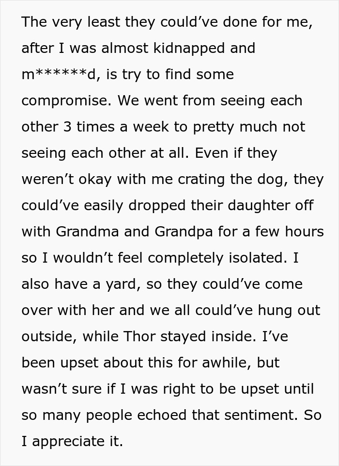 Text excerpt discussing feelings of isolation and compromise regarding crating a dog labeled too dangerous around kids. Text excerpt discussing feelings of isolation and compromise regarding crating a dog labeled too dangerous around kids.