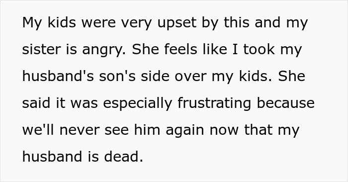 Text expressing upset feelings of kids and sister over widow choosing to bury late husband with his first wife and child. Text expressing upset feelings of kids and sister over widow choosing to bury late husband with his first wife and child.