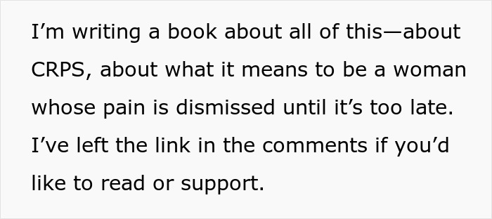 Text about writing a book on chronic pain and CRPS, focusing on women’s pain being dismissed until it’s too late. Text about writing a book on chronic pain and CRPS, focusing on women’s pain being dismissed until it’s too late.