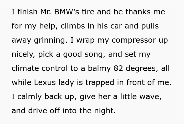 Lady in brand new Lexus trapped between curbs after skipping air pump line, facing petty justice at tire inflation station.