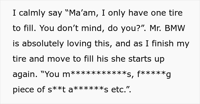 Alt text: Lady in brand new Lexus skipping air pump line ends up trapped between curbs facing petty justice at a gas station.